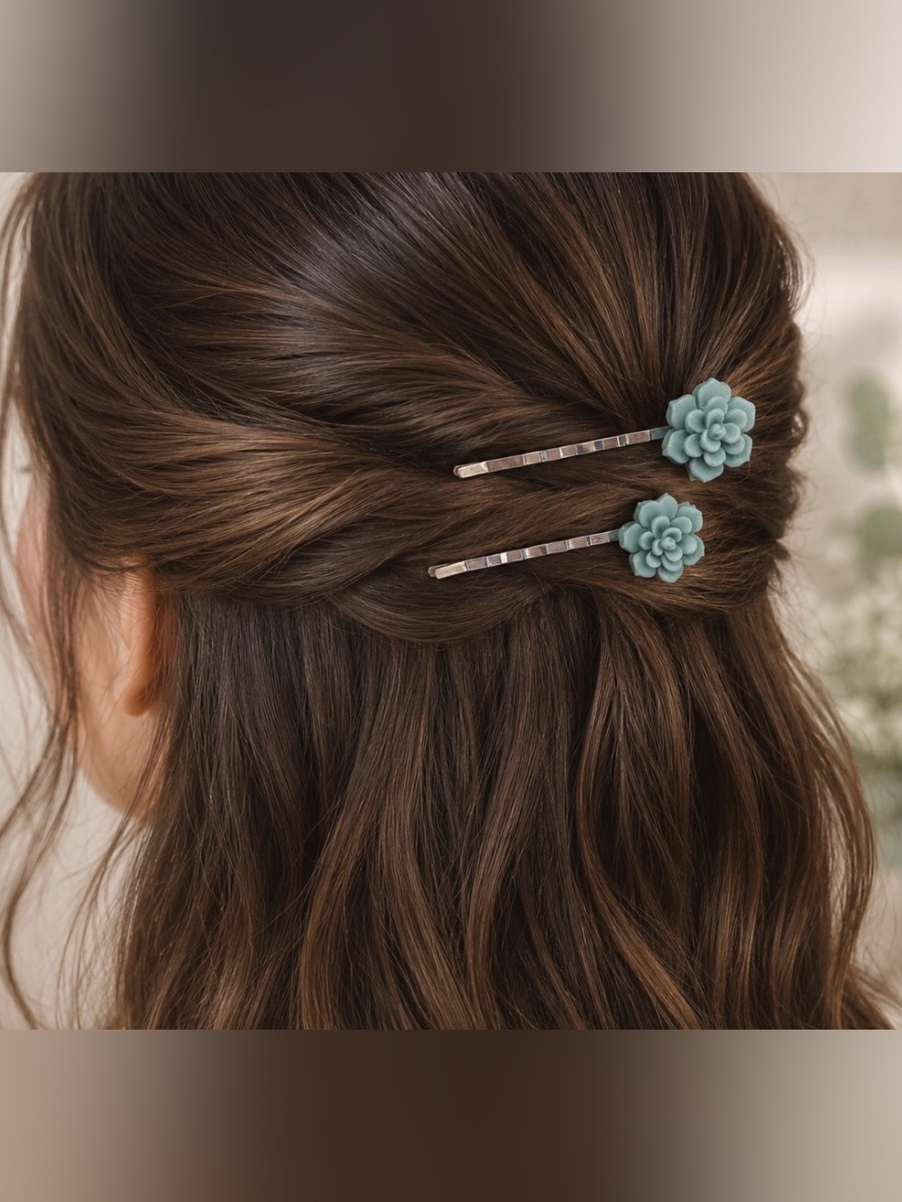 Floral Succulent Hair Pin Set - Sage misty blue hair Pins